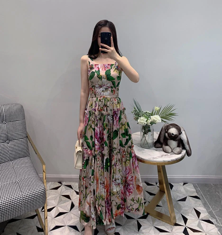 Runway Sicily Spaghetti Strap Summer Floral Dress Women Elegant 3D Diamond Flower Buttons Pleated Party Vestidos Long Sundress