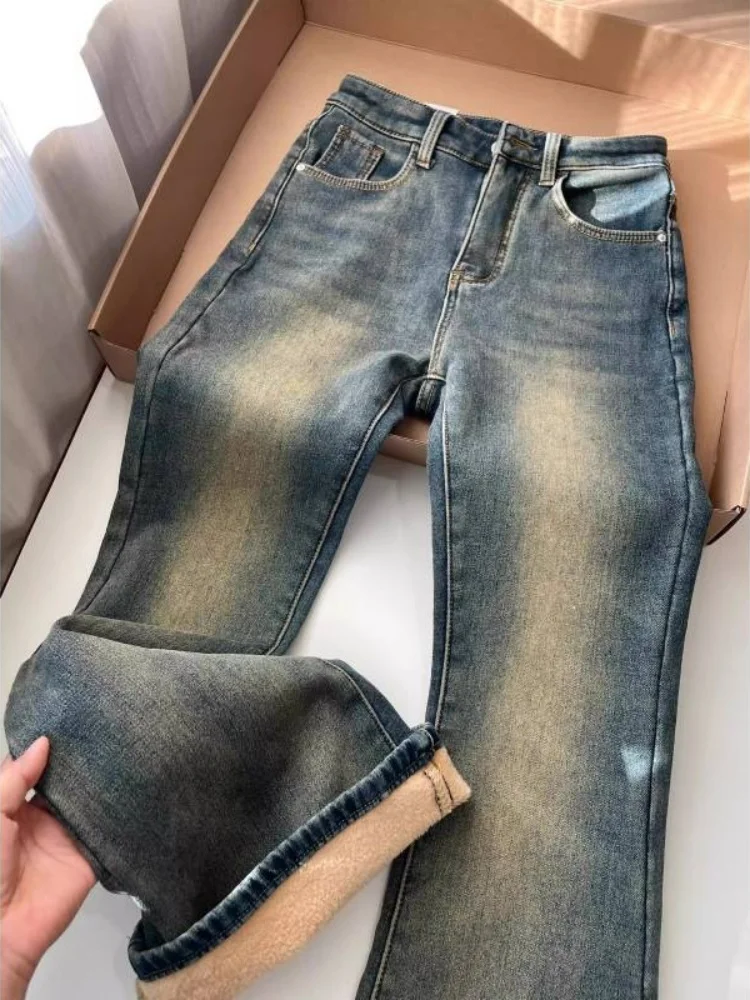 플러스 사이즈 기모 안감 마이크로 플레어 데님 청바지 여성용 겨울 하이웨이스트 슬림핏 신축성 있는 스트레이트 레그 와이드 레그