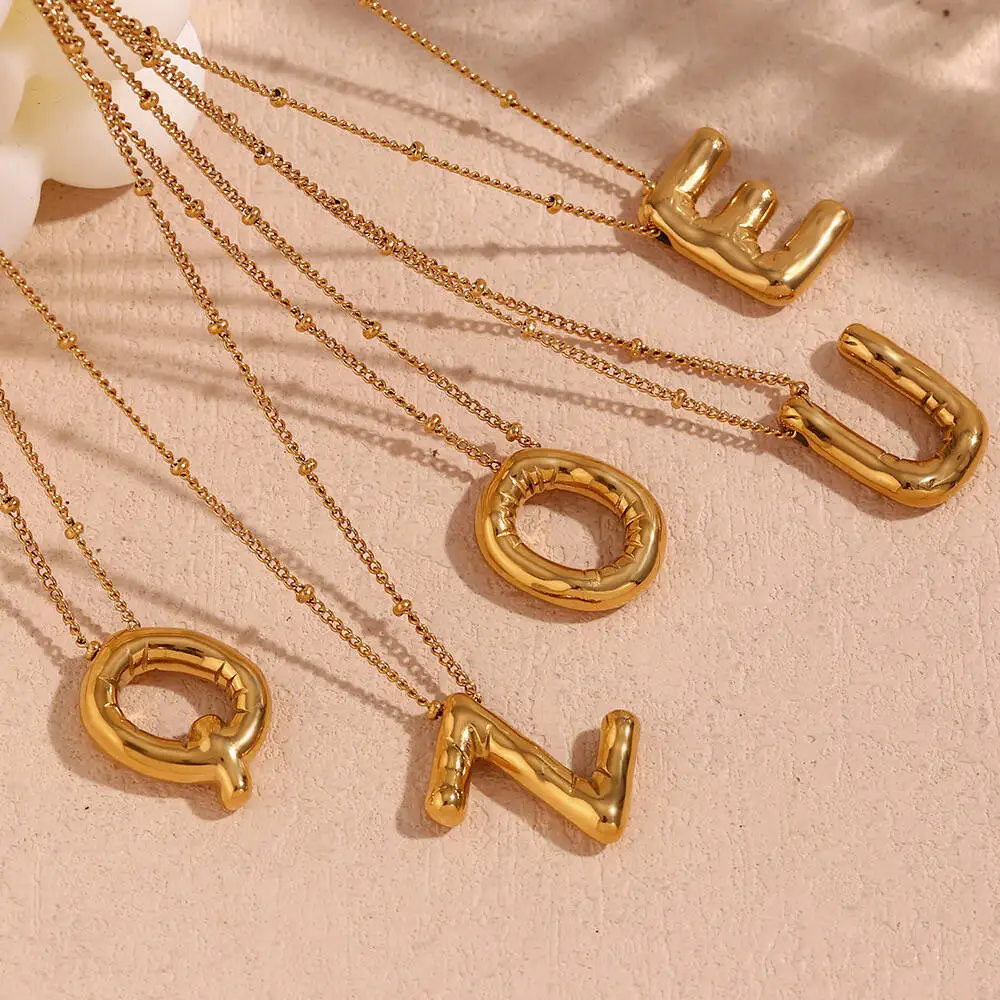 18K Gold Plated Bubble 26 Letters Name Necklaces Stainless Steel Initial Charms for Women DIY Jewelry Bracelet