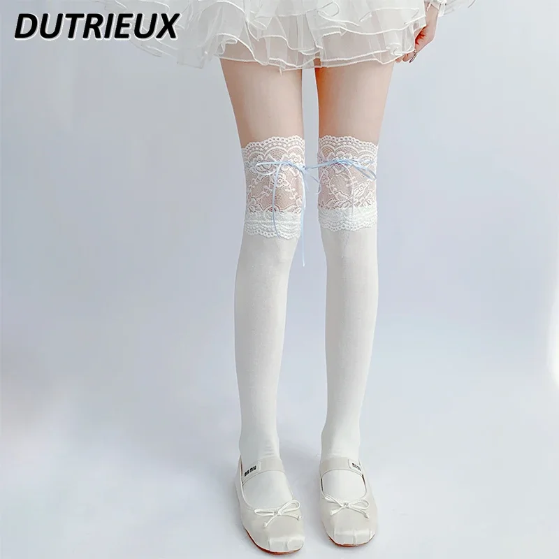 

Sweet Girl Versatile Below The Knee Stockings Women's Spring and Autumn Lace High White Lolita Cute Bow Ribbon Socks