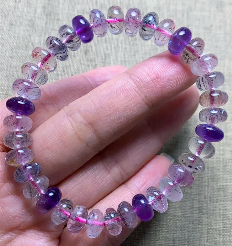 

Natural Purple Super Seven 7 Red Lepidocrocite Quartz Bracelet 8.5mm Colorful Rutilated Clear Round Beads Women Men AAAAAAA