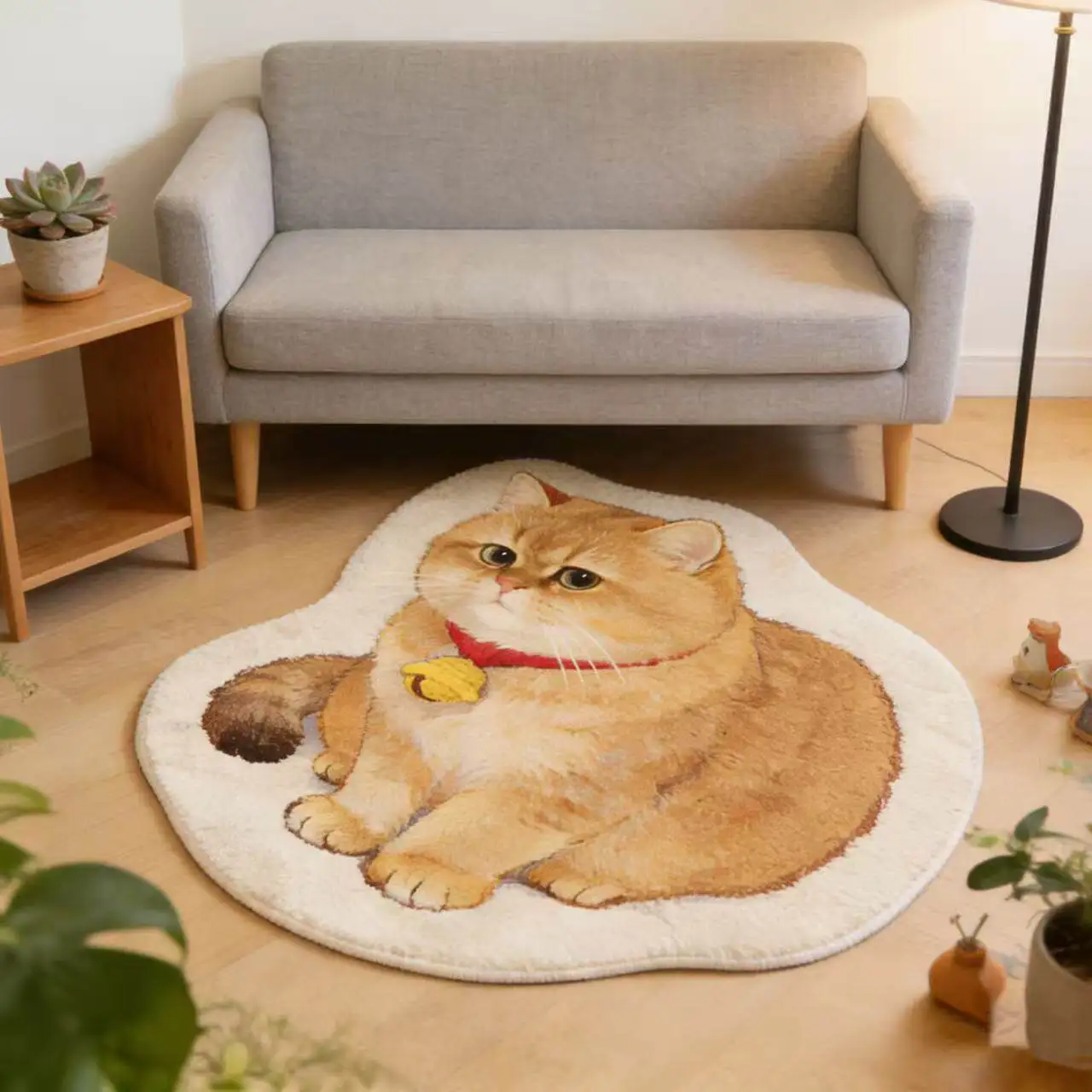 VIKAMA Chubby Orange Cat Bell Shaped Rug Non Slip Washable Plush Floor Mat Lovely Kitten Bedroom Bedside Decor Carpet