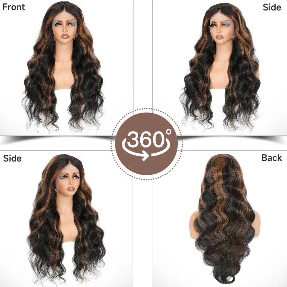 Perruque Lace Front Wig Body Wave synthétique sans colle, 28 pouces, 13x4, balayage brun ombré, HD, densité 180%, pre-plucked