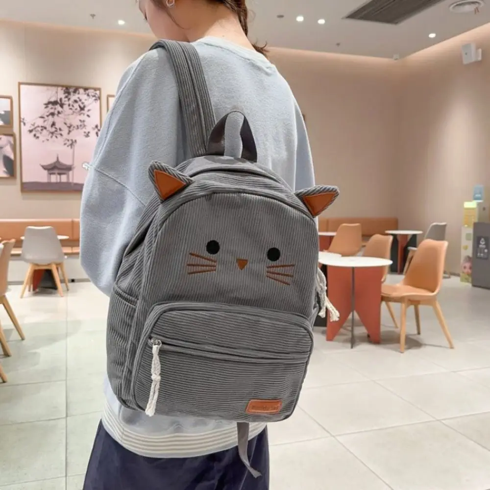Cute Sweet Cartoon Cat Backpack Minimalist Printed Corduroy Rucksack Durable Lightweight Student School Bag Outdoor Use