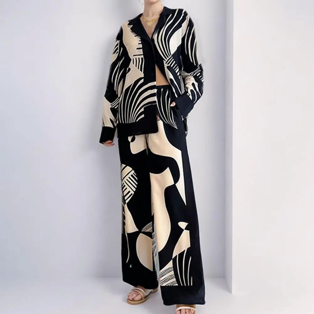 Fall Two Piece Set Stylish Women's Shirt Pants Set with Contrast Color Turn-down Collar Long Sleeve Top Wide Leg for Blouse