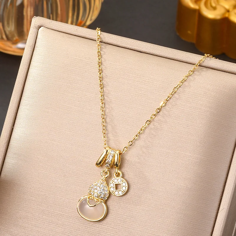 New Chinese Style Agate Tassel Gourd Titanium Steel Necklace Women Micro Set Full Diamond Zircon Coin Choker