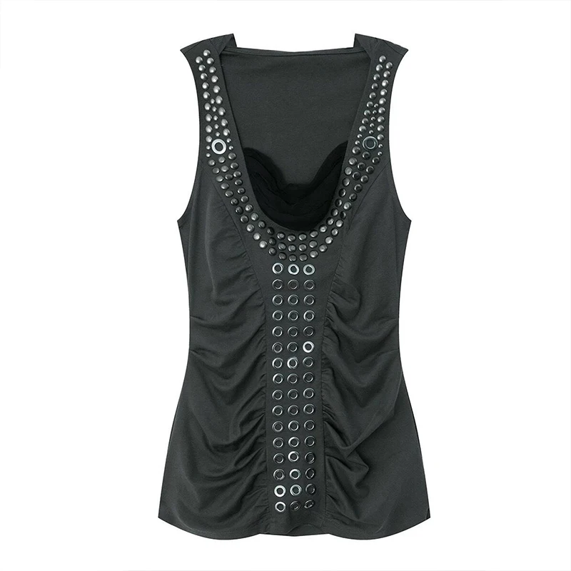 European and American Retro Street Style Studded Sleeveless Vest Punk Style Studded Eyeliner Decoration Slim Fit Versatile Top