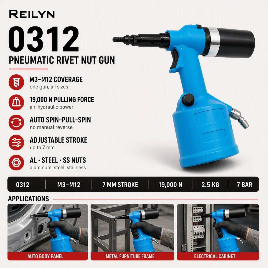 Reilyn Pneumatic Rivet Nut Gun 19,000 N Pulling Force M3-M12 Adjustable Stroke Auto Spin Air Rivet Nail Gun