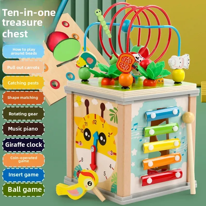 Montessori Wooden Multifunctional Bead Maze Cube - Preschool Toy for Babies & Kids, Developmental Toy with Xylophone & Clock