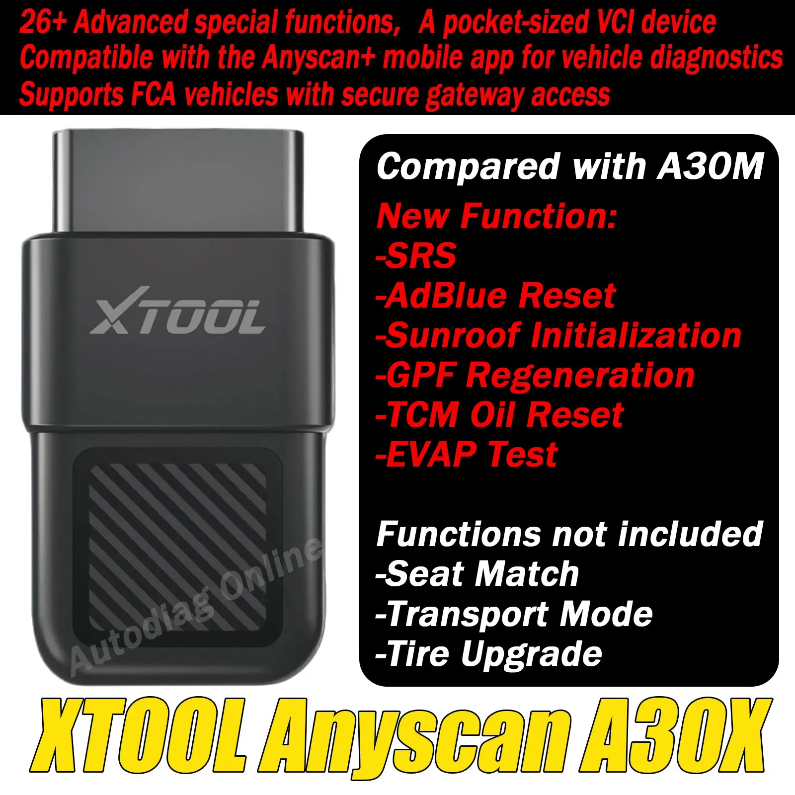 

XTOOL Anyscan A30X Bluetooth Scanner Car Diagnostic Tool 26+ Reset Service Code Reader Diagnostic For FCA vehicle A30X Scanner