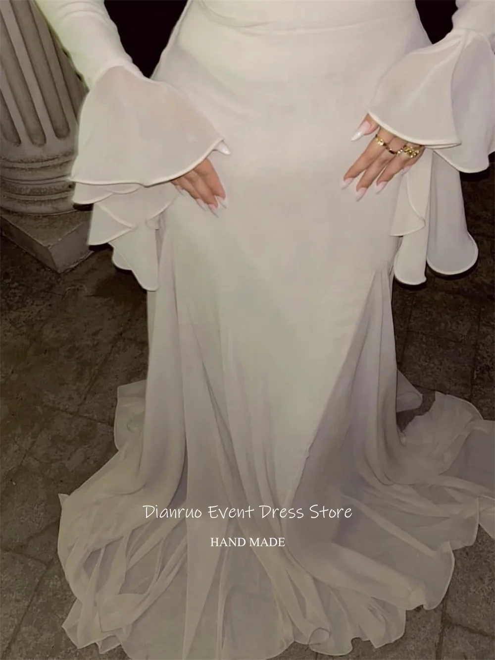 فستان سهرة أنيق مكشكش من Dianruo شيفون بأكمام طويلة فستان حفلات عربي ثنيات فستان زفاف إسلامي مخصص للضيوف