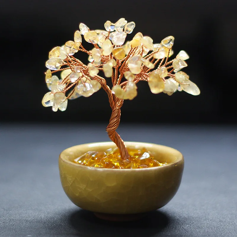 Natural Citrine Tree Treasure Bowl Teacup - Gemstone Crystal Chips Money Tree