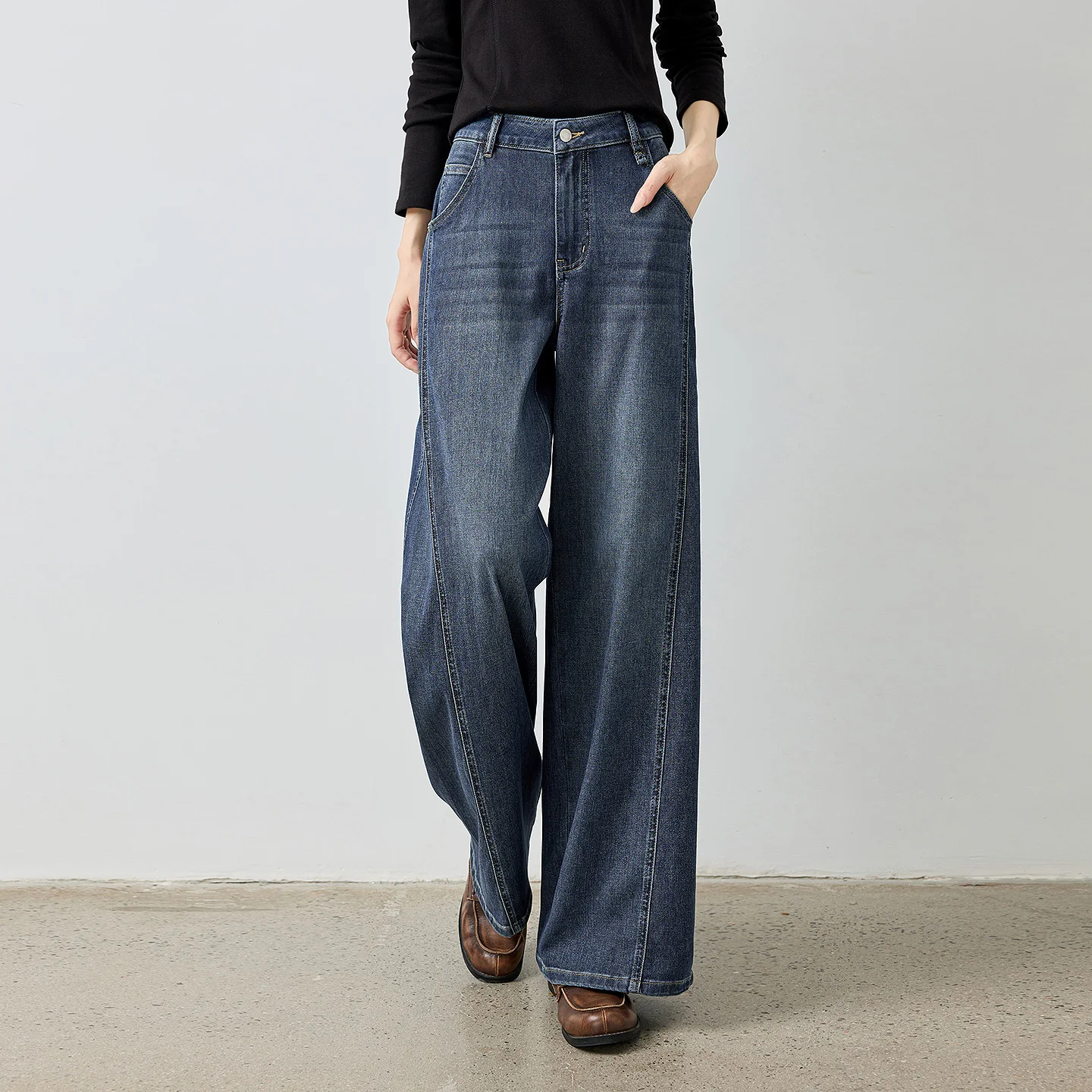 TOYOUTH Women Jeans 2026 Autumn New Mid High Waist Seam Deconstruction Design Loose Slim Wide Leg Pants