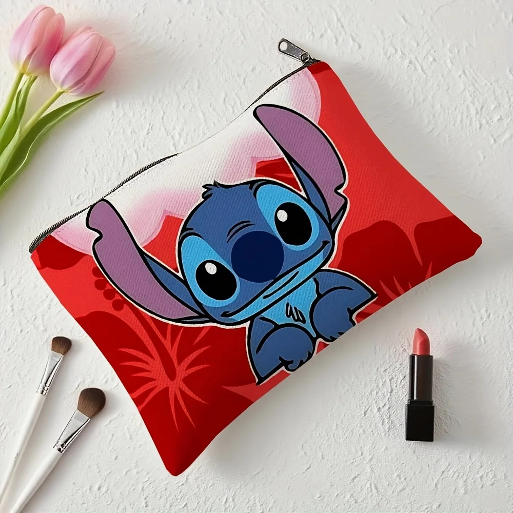 1 حقيبة مكياج كرتونية من ديزني ستيتش، شخصية زرقاء لطيفة مع طباعة خلفية حمراء، حقيبة تخزين المجوهرات، حقيبة مثالية للسفر بسحاب - هدية عيد ميلاد ممتعة #4