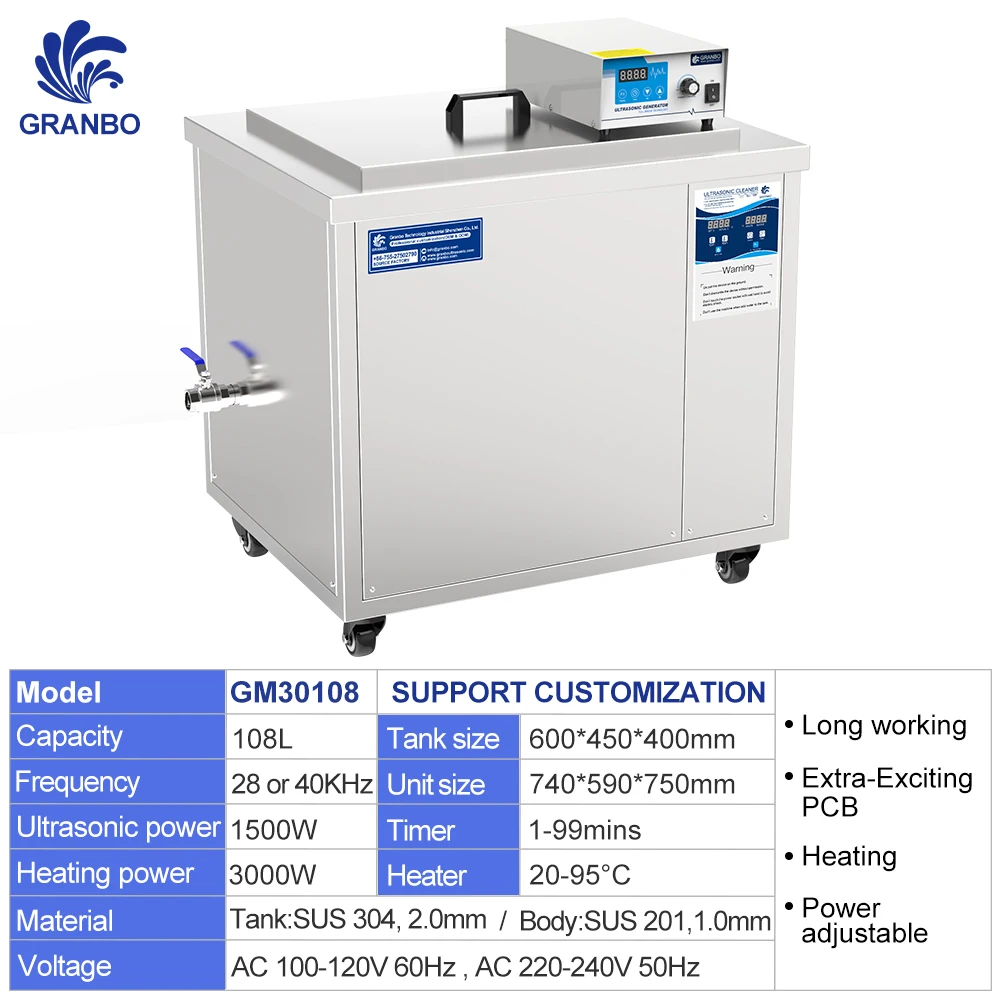 Granbo 108L 1500W 28KHz 40KHz External Generator Continuous Working Industrial Ultrasonic Cleaner Tank