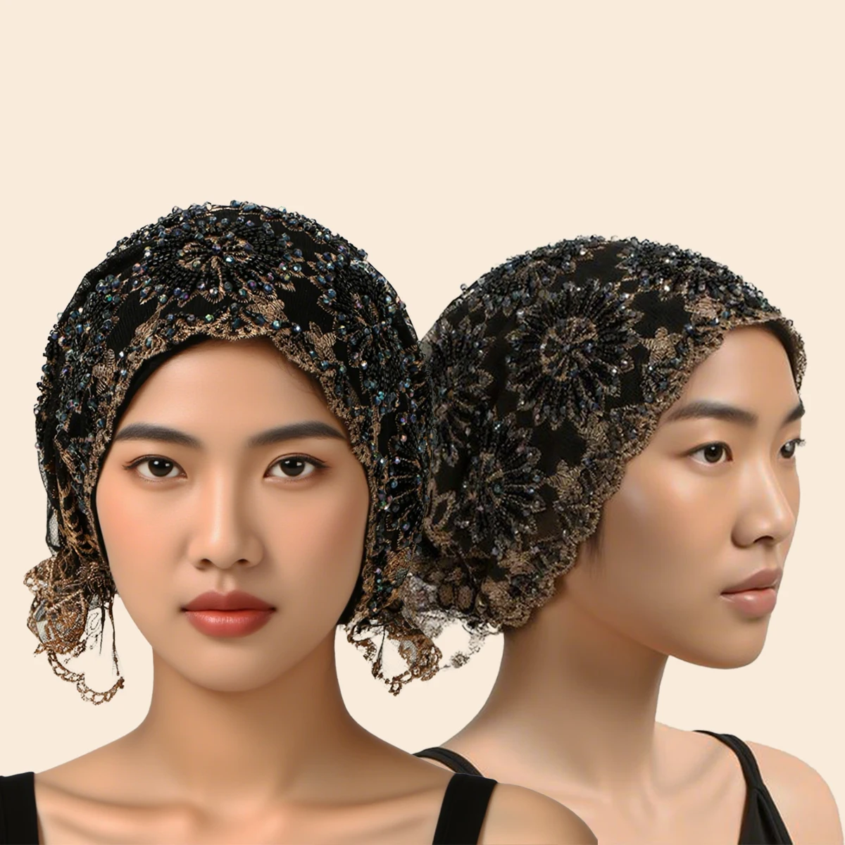 

Luxury Muslim Pearl Lace Embroidered Inner Cap Elastic Islamic Headwear for Women Elegant Prayer Cap Decorative Head Cover