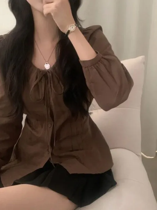 Chic Sweet Knot Long Sleeve Waist Cinched Bubble Sleeve Shirt Women's Initial Autumn Casual Sweet Style Top