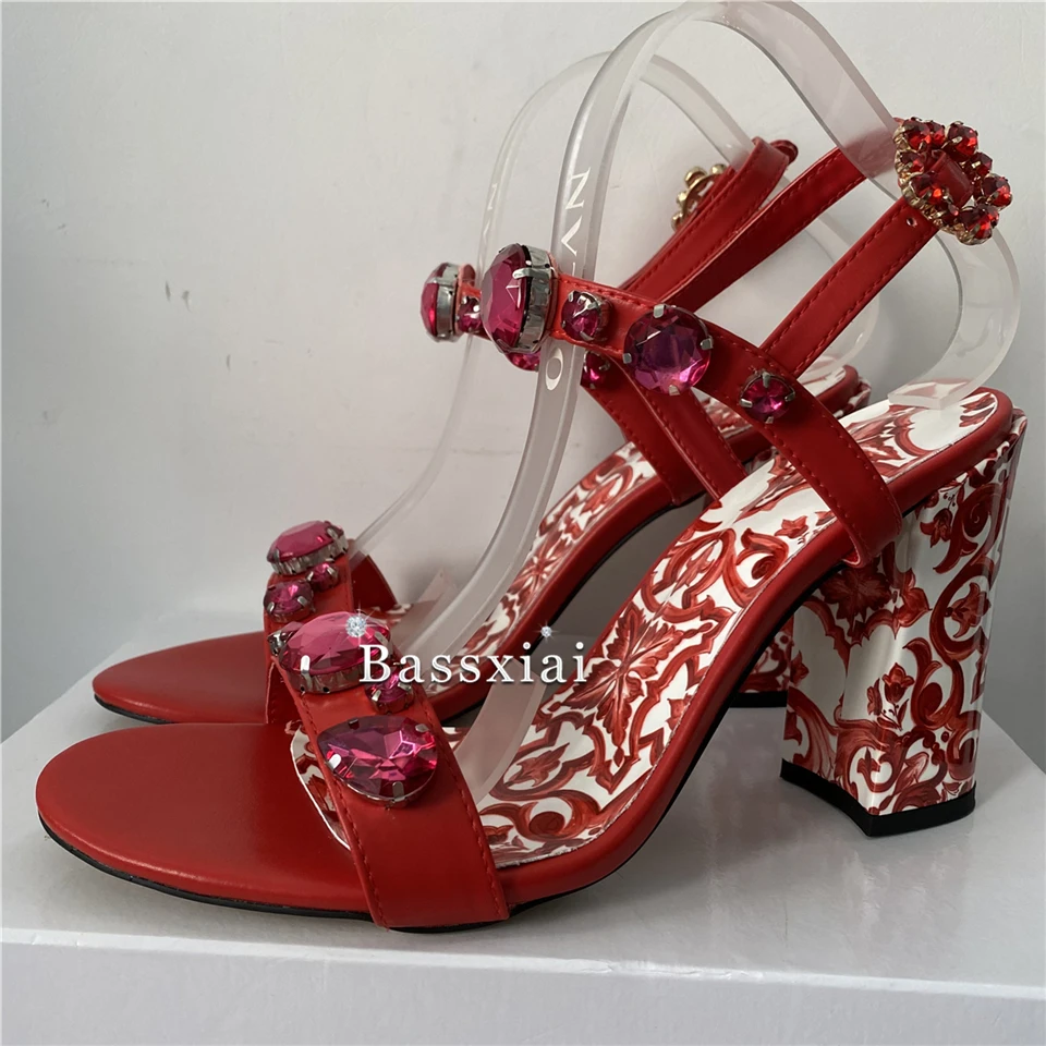 Luxury Diamond Crystal Ankle Strap Sandals Women Individual Print Flower Chunky Heel Genuine Leather Summer Shoes