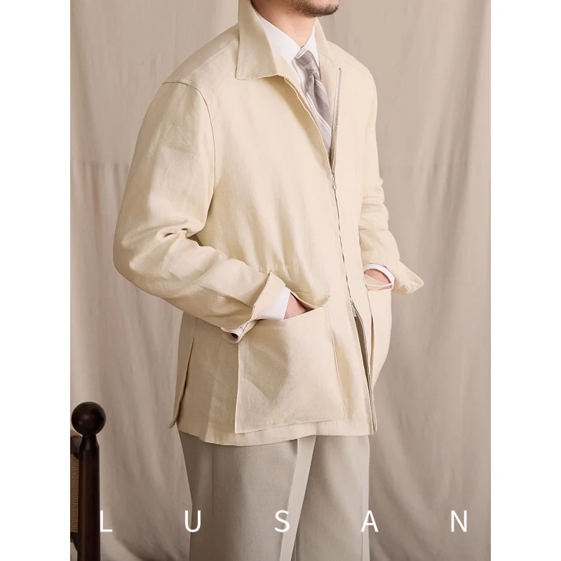 100%Linen lapel thin jacket hunting style vintage casual waist-cinching gentleman's half-lined coat for men