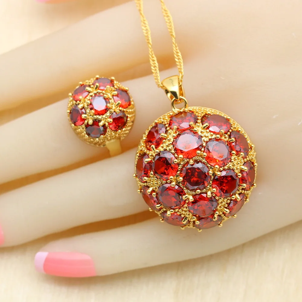 18K Gold Color Jewelry Sets For Women Red Zircon Bracelet Hoop Earrings Necklace Pendant Rings Free Gift Box