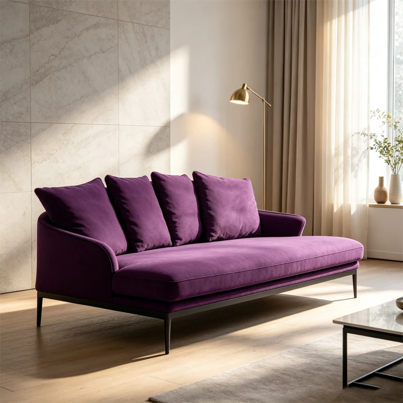Modern chic fabric sofa bed, purple velvet fabric interior, Italian low double sofa bed, metal legs, suitable for apartment use