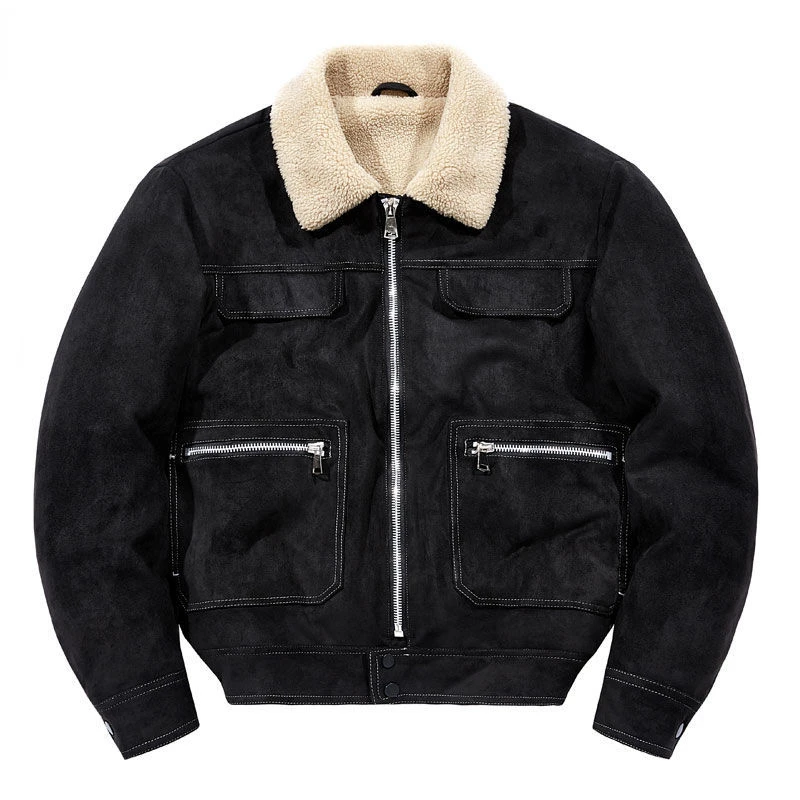 Japanese Winter Suede Jackets Men Turn-down Collar Lined with Lambwool Plus Velvet Thickening Fashion Multi-pockets Cargo Coats