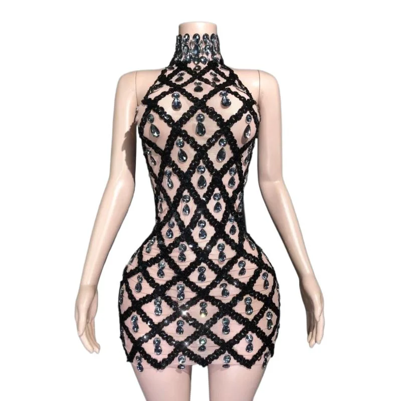 

Sparkling High Neck Sleeveless Mesh Slim Fit Evening Dress,Sexy Stretchy Cocktail Party Short Gown for Banquet Nightclub