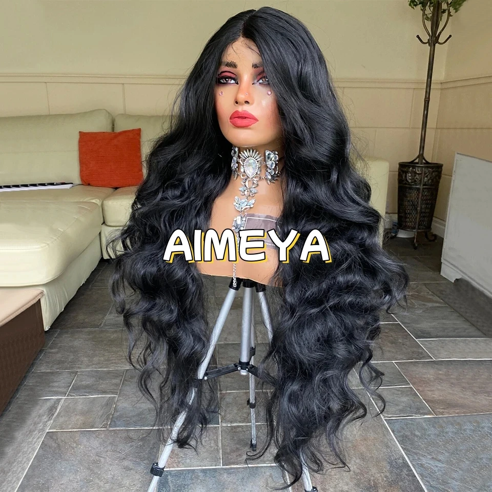 AIMEYA Loose Wave 13*4 Lace Front Synthetic Wigs Long Lace Front Wig with Pre Plucked Natrural Hairline Black Synthetic Lace Wig