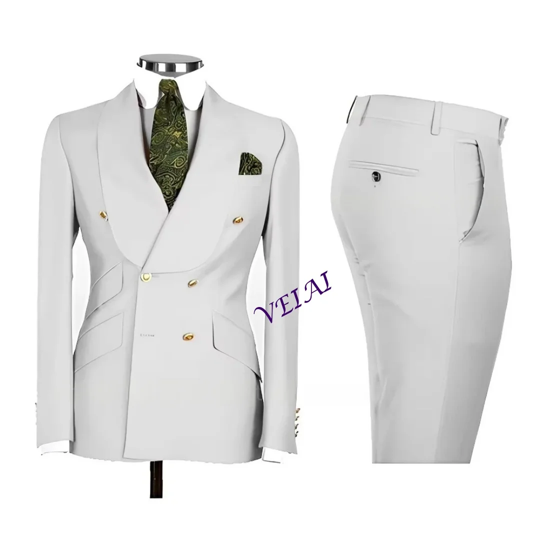 

Customized2 PCS Men's Smart Casual Solid Formal Tuxedo Suits with Shawl Lapel Double Breasted Jacket And Pants for Business And