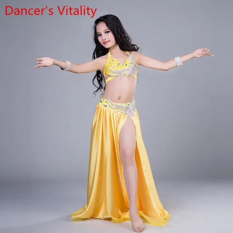 Children Belly Dance Costumes Child Ballroom Dance Performance clothes Rhinestones Bra+Skirt 2pcs Girls Dance Suit On The Stage