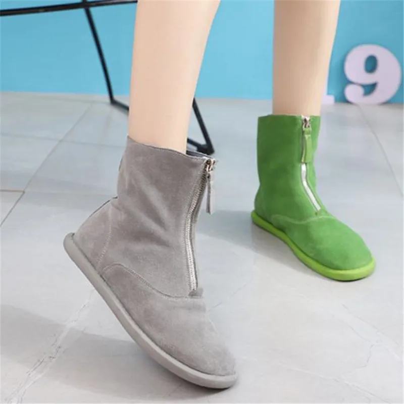 Spring and Autumn New Leather Front Zipper Flat-bottomed Motorcycle Single Boot Leather Short Tube Retro Fashion student boots