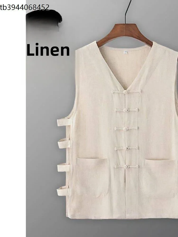 

Loose Breathable Summer Linen Cotton Vest Men's Chinese Style Sleeveless Tank Top Button Decorated Plain Color Citywalk Wear