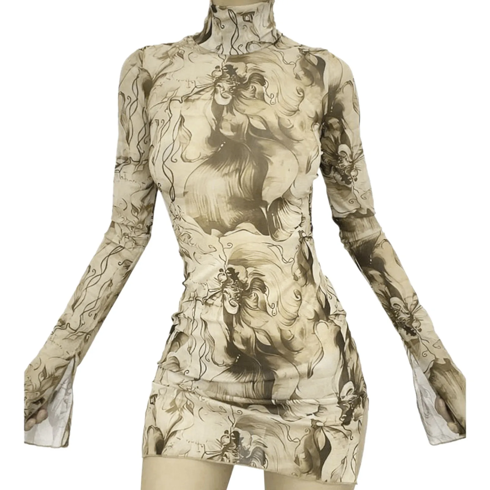 

Flare Sleeve Color Printing Bodycon Dress Mini Women Clothing Turtleneck Sexy Streetwear High Waist Fashion One-Pieces Outfits