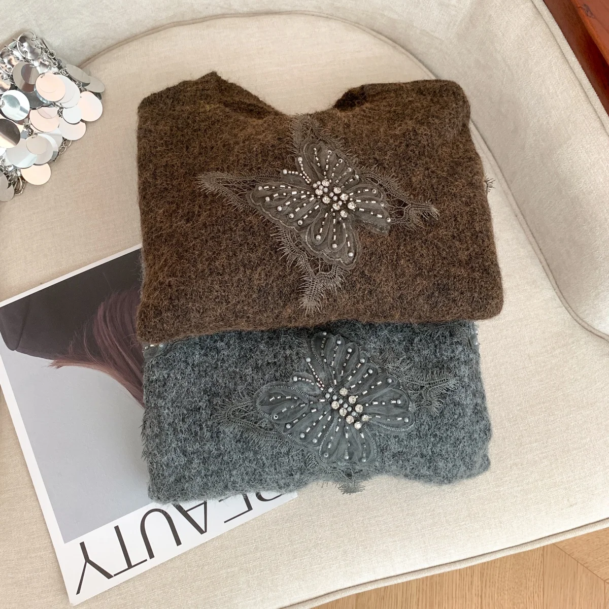 المرأة البني متماسكة البلوز سترة خمر البلوز متماسكة طويلة الأكمام فراشة سترة الكشمير المعنقة الخريف الشتاء 2000s الملابس 2025