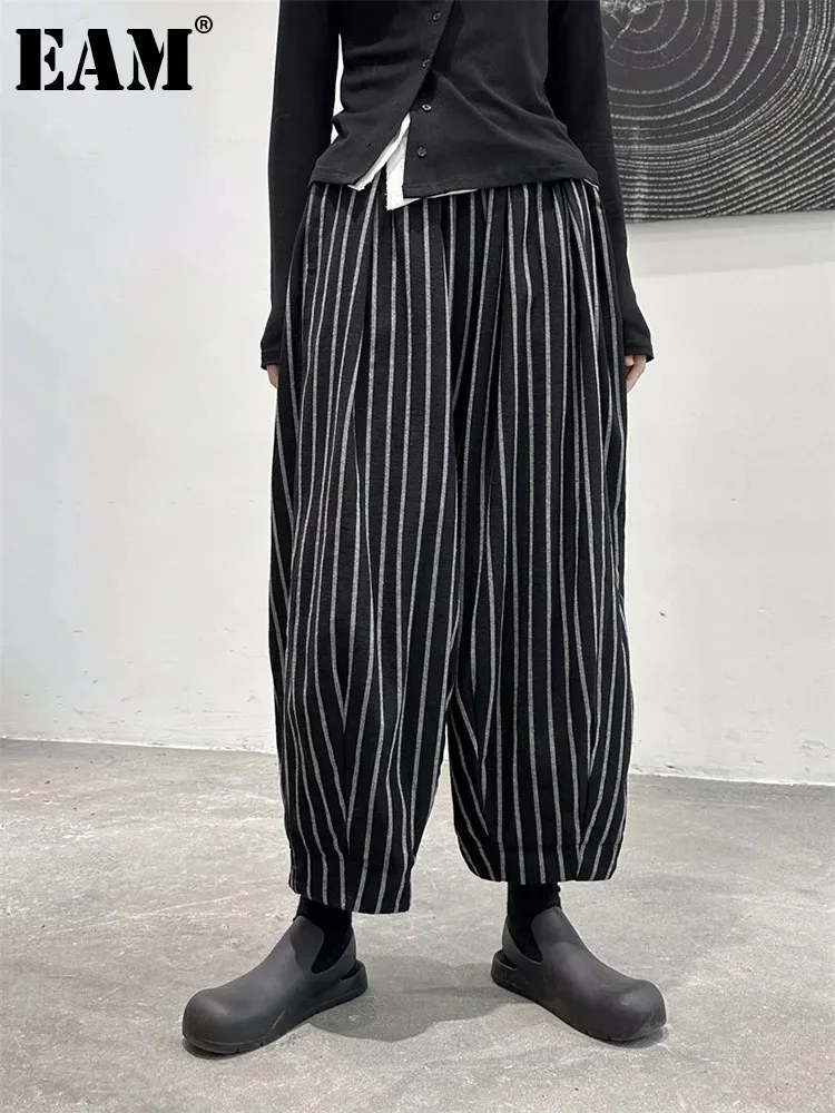 [EAM] Wysoka talia Casual Black Striped Casual Wide Leg Pants New Loose Fit Trousers Women Fashion Spring Summer 2024 1DF3686