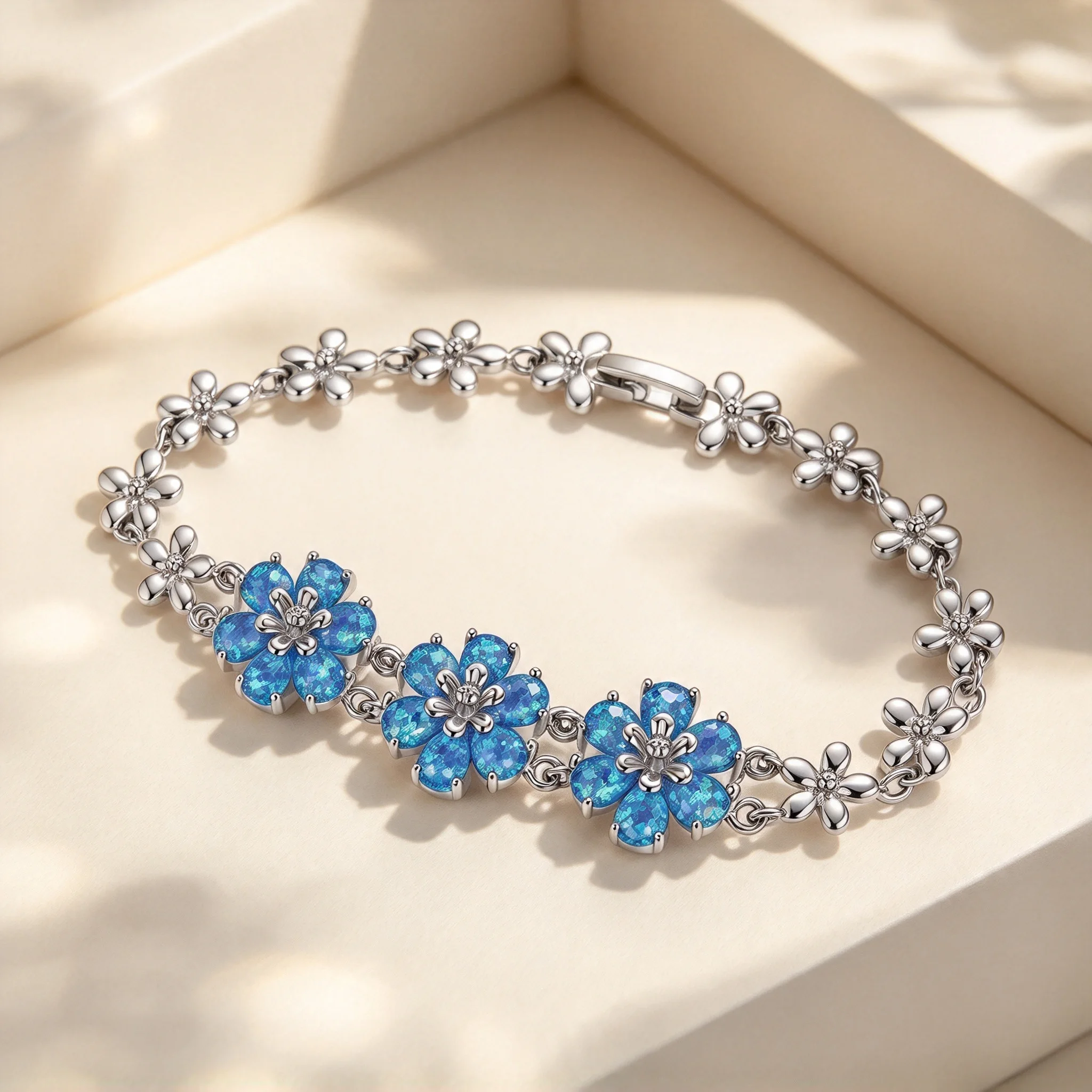 Romantic Blue Opal Petal Flower Link Bracelet for Women Triple Bloom Floral Adjustable Elegant Jewelry for Daily Birthday Gift
