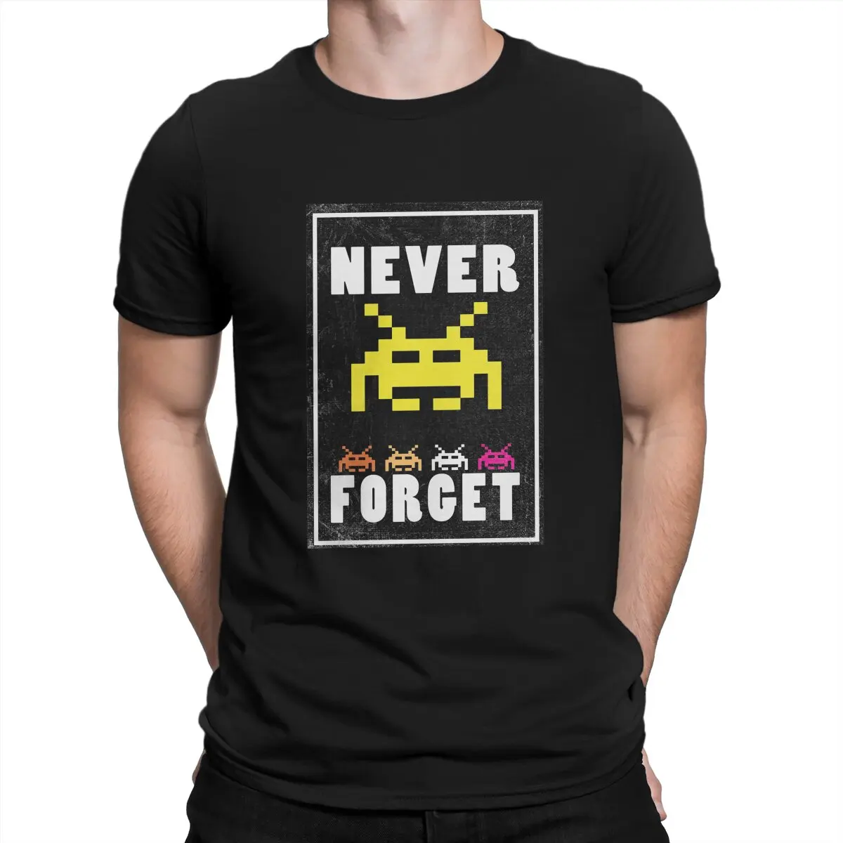 Space Invaders Shooting Video Game Never Forget Tshirt Graphic Men Tops Vintage Fashion Summer Short Sleeve Harajuku T Shirt