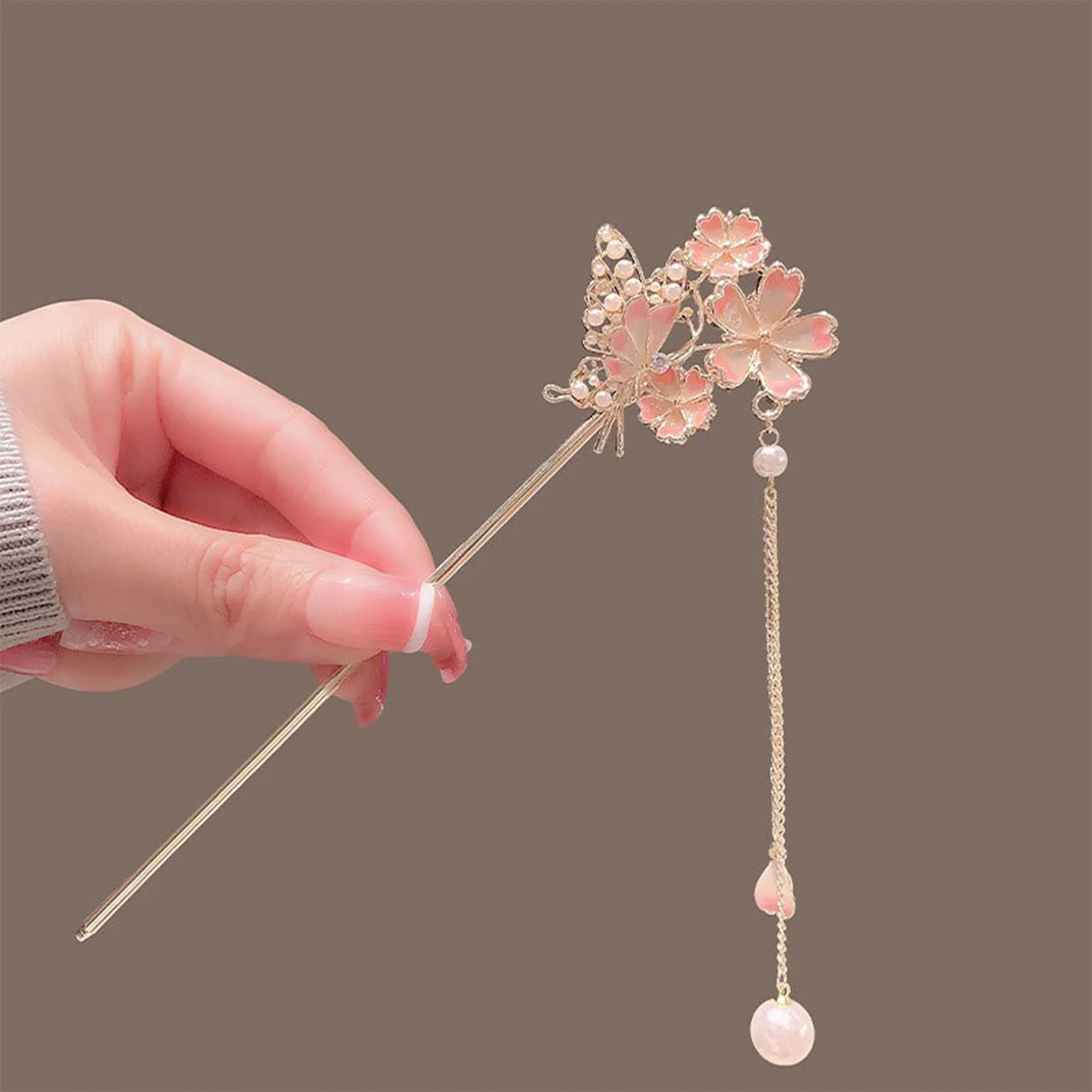 Pink Flower Butterfly Hair Pin Pearls Hair Sticks Forks Gold Color Alloy Headpiece Women Girls Hanfu Dress Chinese Hair Jewelry image 6