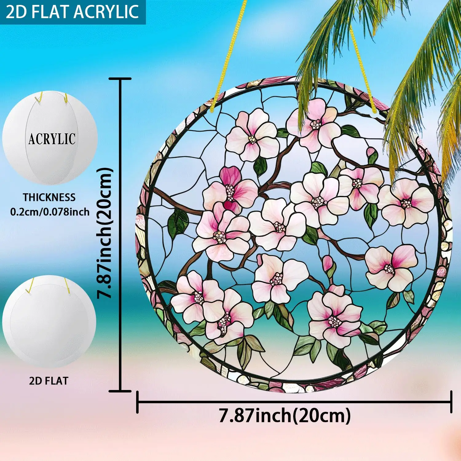 Acrylic Painting Elegant Pink Cherry Blossom Stained Glass Window Hanging Suncatcher, 2D Flat Beautiful Floral Branch with Bloom