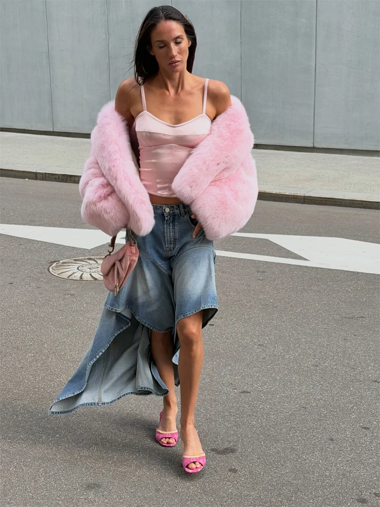 Women Pink Cropped Faux Fur Jacket Round Neck Open Front Fluffy Long Hair Loose Long Sleeve Outerwear Winter Party Daily Outfit