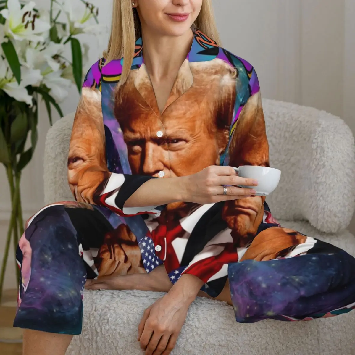 Pajamas Woman Donald Trump 90s Vintage Daily Nightwear 2 Piece Retro Pajama Sets Long Sleeve Lovely Oversized Home Suit