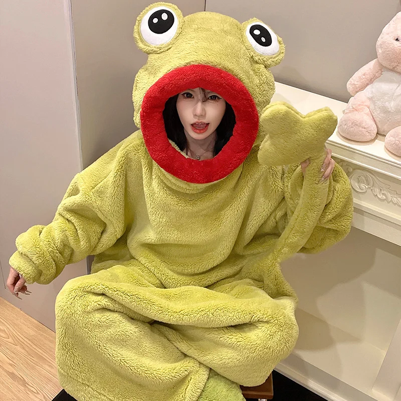 Autumn Winter New Coral Fleece Jumpsuit Pajama Kigurumi Cute Funny Cartoon Onesies Sleepwear Homewear Thicken Flannel Nightwear