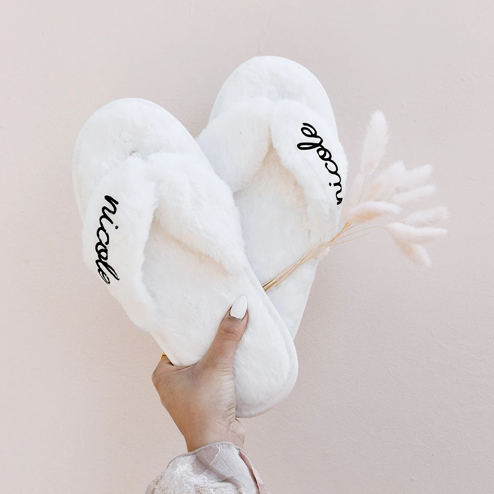 Personalized Bridal Shower Party Bridesmaid Cute Fuzzy Slippers Women Holiday Gifts Christmas Gift Ideas Babe Slippers with Name