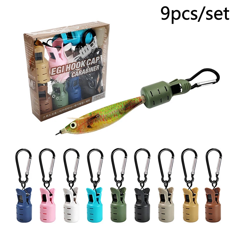 9pcs Squid Jig Bait Protector Kit Webfoot Octopus Egi Hooks Cover Cuttlefish Umbrella Lure Cap With Carabiner Fishing Tackle