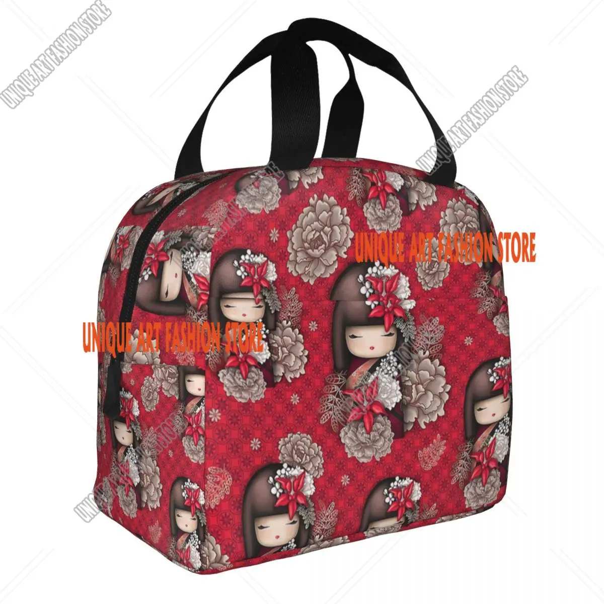 Borsa da pranzo isolata giapponese per bambola Sakura Kokeshi rossa personalizzata per le donne Bento Box termico a tenuta stagna per bambini in età scolare