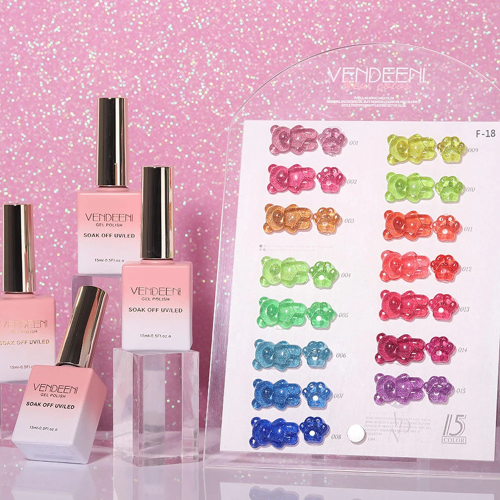 Vendeeni 15 Colors/set Glow-in-the-dark Broken Diamond Gel Nail Polish Reflective Rainbow Sequins Gel Varnish With Color Card