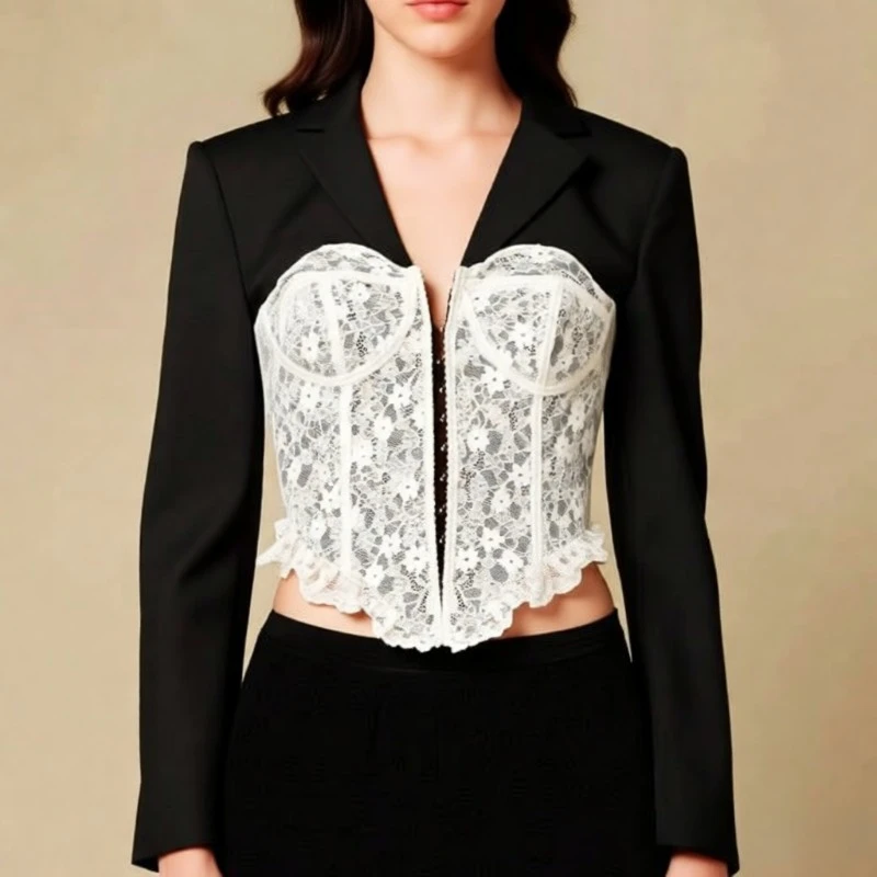 

Women's Suit Lace Patch Jacket V-neck Long Sleeved Avant-garde High Street Jacket Fashionable Retro Sexy Short Cotton Top