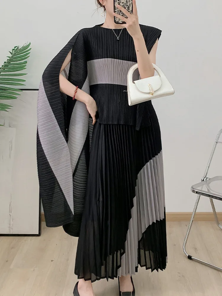 Miyake Contrast Color Shawl Sleeve Irregular Pleated Top+elastic Waist Long Skirt Two-piece Set 2024 Autumn New Party Clothing