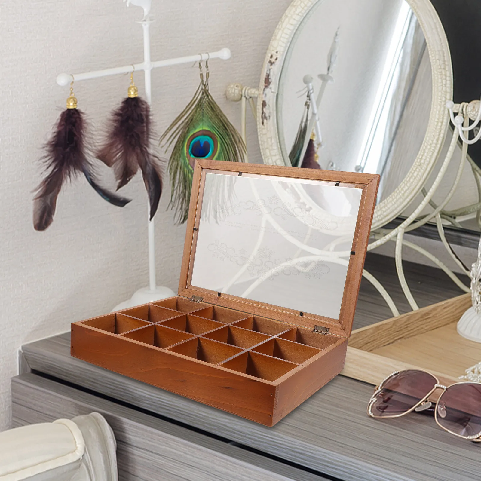 

Wooden Jewelry Organizer Box Retro Chic Storage Box for Earrings Rings Bracelets Necklaces Vanity Table Jewelry Case