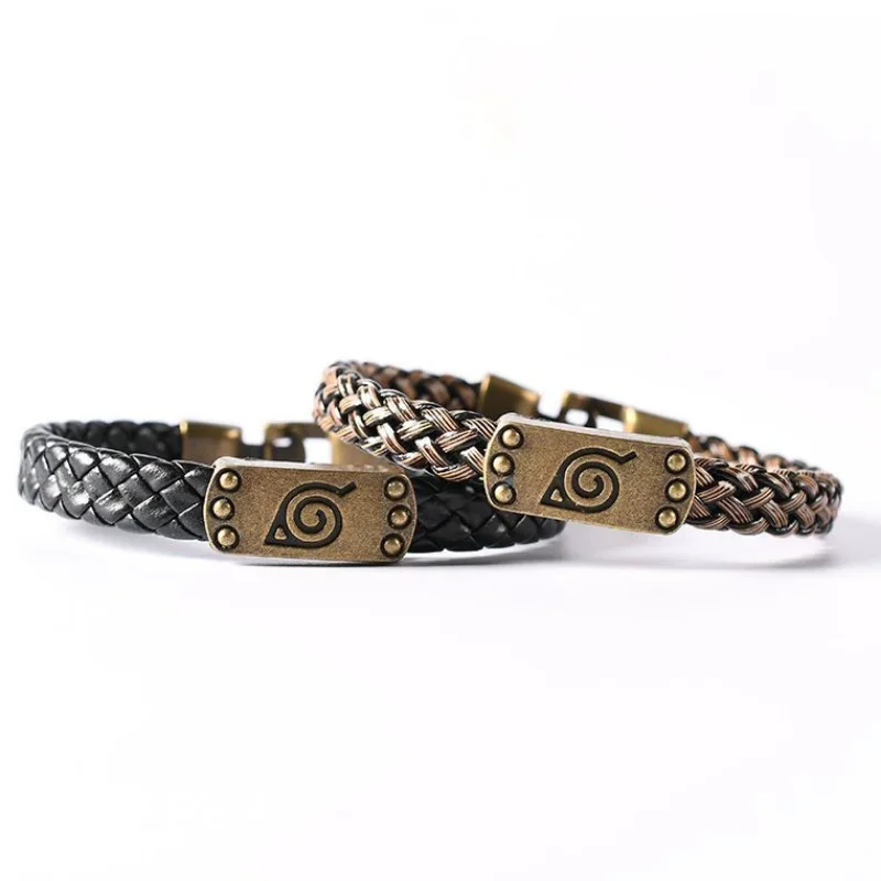 Japanese Anime Bracelet Naruto Peripheral Original Wooden Leaf Bracelet Retro Handmade Trend Woven Casual Leather Bracelet